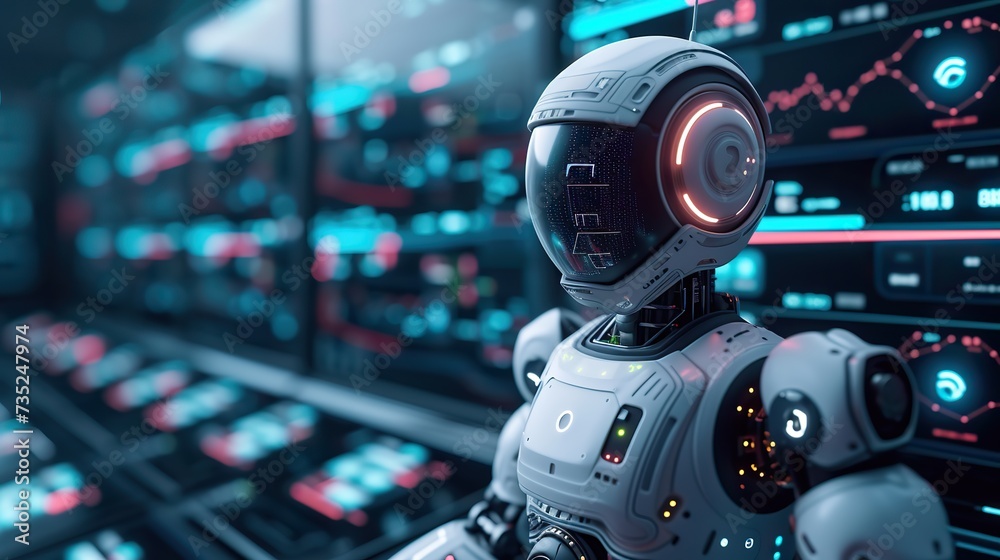 An autonomous robot equipped with a sophisticated monitoring system, positioned in front of server racks, symbolizes AI and machine learning capabilities. An autonomous robot equipped with a sophisticated monitoring system, positioned in front of server racks, symbolizes AI and machine learning capabilities.