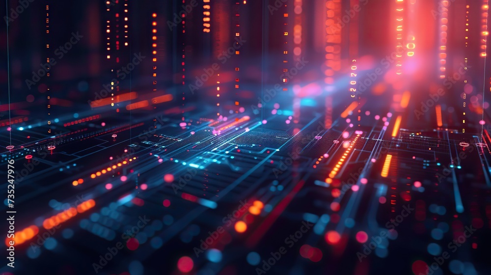 Abstract visualization of data streaming with glowing red and blue lights on a digital circuit board, representing high-speed data transfer.