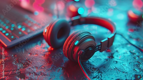 Headphones with soft ear cups rest on a wet surface next to a backlit laptop keyboard, showcasing a moody and modern music setup.