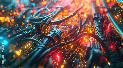 Network cables plugged into a circuit board with a vibrant array of glowing lights, depicting active data transmission and connectivity.