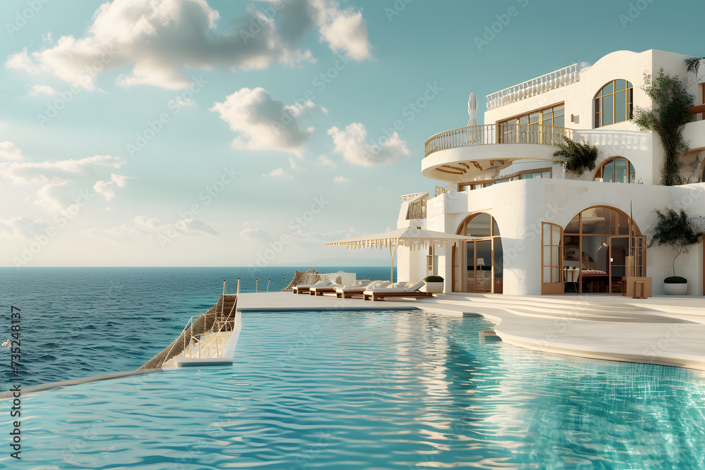 art deco style house and pool on the edge of the ocean soft color fields