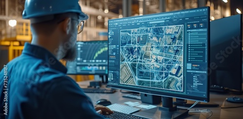 Focused industrial engineer in a hard hat examining aerial imagery of a construction site on a computer within a factory setting. photo