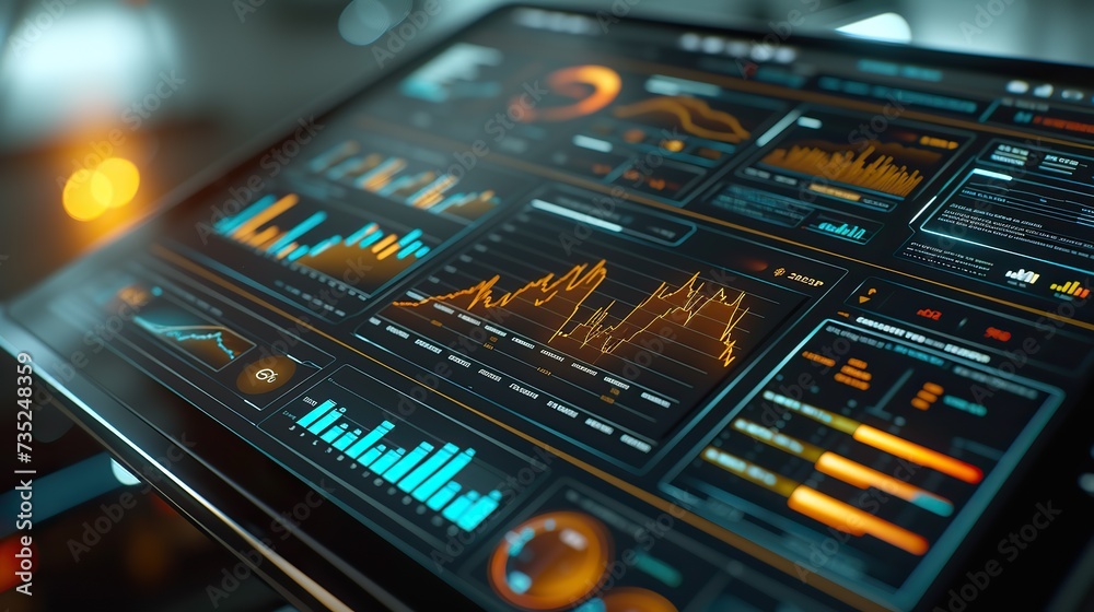 Obraz premium Advanced analytics dashboard presenting complex data through charts and graphs on a digital interface.