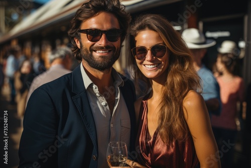 Portrait of happy attractive glamour couple man and woman with wine glasses in social party or yacht forum marinas in sunny day.