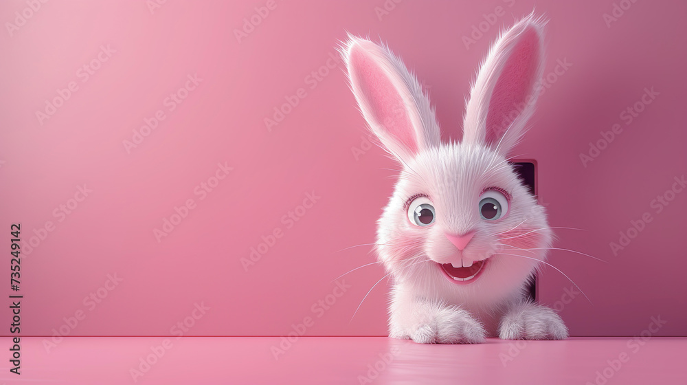 Obraz premium Easter bunny coming out of a hole in a pink wall