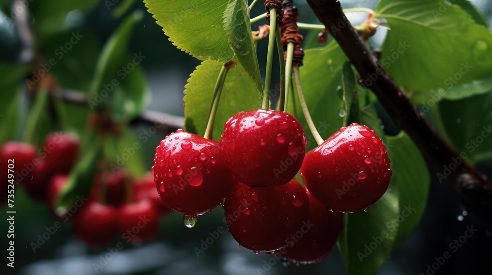 Obraz premium Ripe fresh cherries in the raindrops hanging on tree branch in garden, macro.
