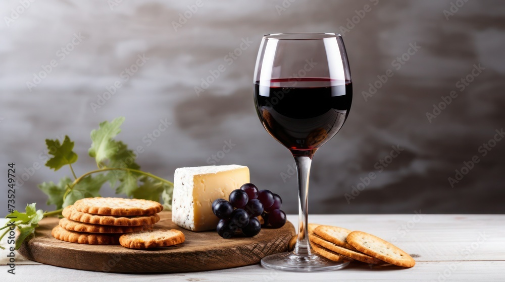 Set of wineglass with red wine, fresh grape vine, cheese, crackers on wooden surface.