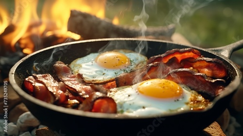 Camping breakfast with bacon and eggs in a cast iron skille