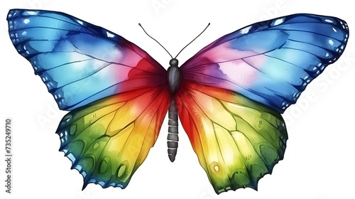 An image of a colorful butterfly hanging from a colorful wall. photo