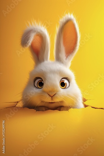 Easter bunny coming out of a hole in the yellow floor