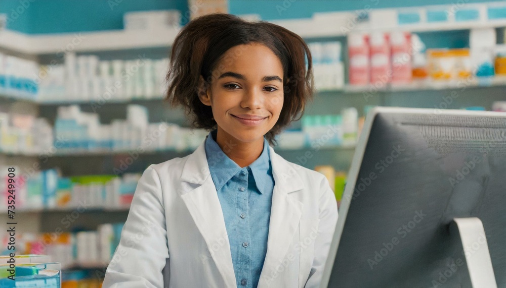  Portrait of Smiling young female pharmacist using computer at pharmacy counter