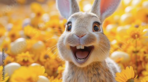 Happy Easter bunny in a garden surrounded by Easter eggs