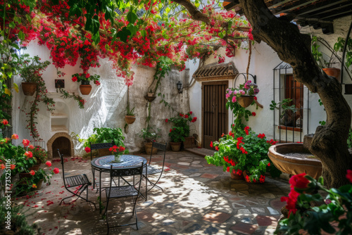 Typical Andalusian patio with tables, chairs and flowers