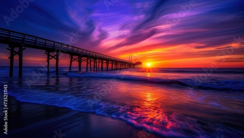 Sunset at the Pier, Golden Hour on the Beach, Pier Reflection in the Ocean, A Beautiful Sunset by the Sea. © Nikolas