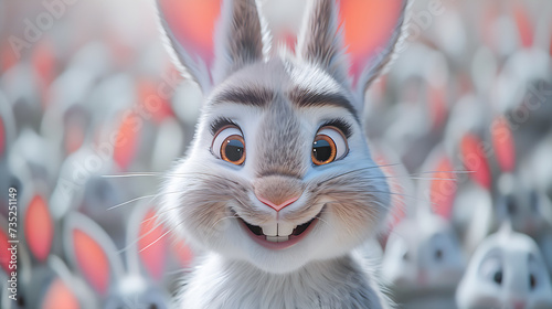 Close-up of the Easter bunny, with many bunnies in blur in the background