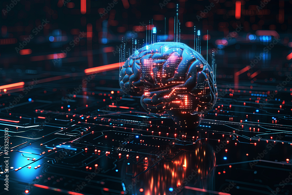 Obraz premium Human brain and head with electronic circuits