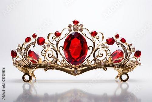 gold crown with red ruby stone isolated on white background