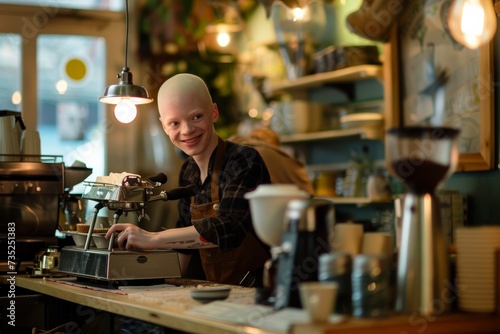 A woman in casual clothing stands behind the countertop of a quaint coffee shop  surrounded by walls adorned with vintage tableware and kitchen appliances  as she prepares a steaming cup of coffee fo