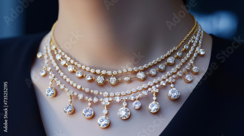 Adding a touch of luxury with layered gold and diamond necklaces ideal for a formal event or special occasion.