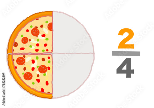Half two divided by four. Fraction pizzas, slices half whole halve 2, 4. Two quarters. Half eaten pizza slices, half remaining. Pie chart ratio infographic. Mathematic worksheet. Vector illustration 