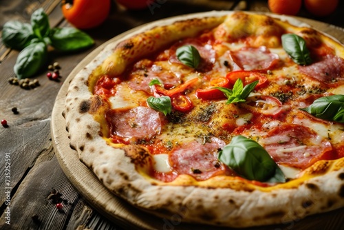 Neapolitan Pizza with mozzarella cheese, tomatoes and basil on a wooden board. Neapolitan. Cheese Pull. Neapolitan Pizza on a Background with copyspace.