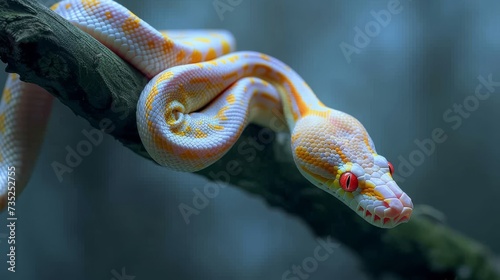 A mesmerizing mammal slithers through the outdoor landscape, its yellow and white scales glinting in the sunlight while its piercing red eyes captivate all who dare to gaze upon this wild serpent photo