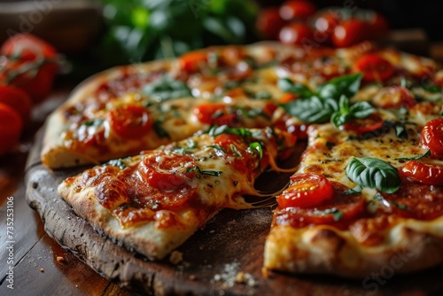 Neapolitan Pizza with mozzarella cheese, tomatoes and basil on a wooden board. Neapolitan. Cheese Pull. Neapolitan Pizza on a Background with copyspace.