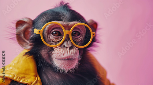 Glamorous monkey with yellow glasses and faux fur coat with the pink background © Anna