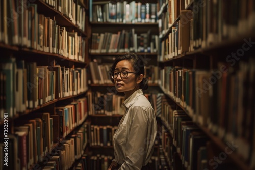A curious woman immerses herself in the endless possibilities of knowledge, surrounded by shelves filled with books and the alluring scent of literature in the air