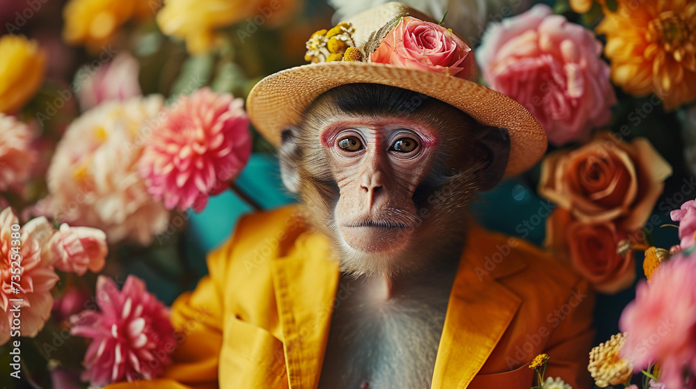Funny monkey with flowers congratulates on the holidays.