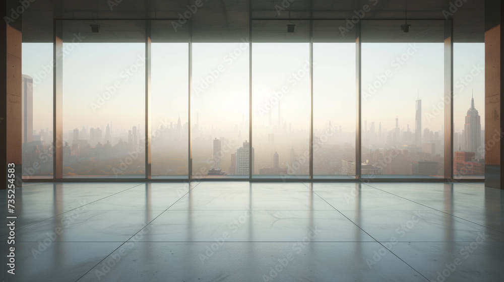 Fototapeta premium interior view from a modern office, with a clear sightline through large floor-to-ceiling windows that offer a panoramic view of a city skyline in a soft, diffused light