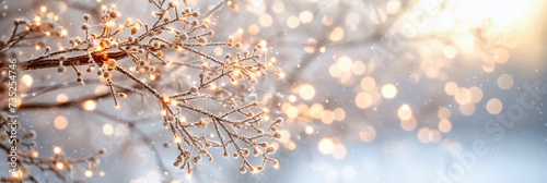 Winter wonderland scene with shimmering snowflakes and soft bokeh lights, evoking the serene beauty of Christmas and the festive spirit