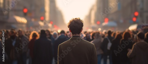 A young man stands in the middle of crowded street
