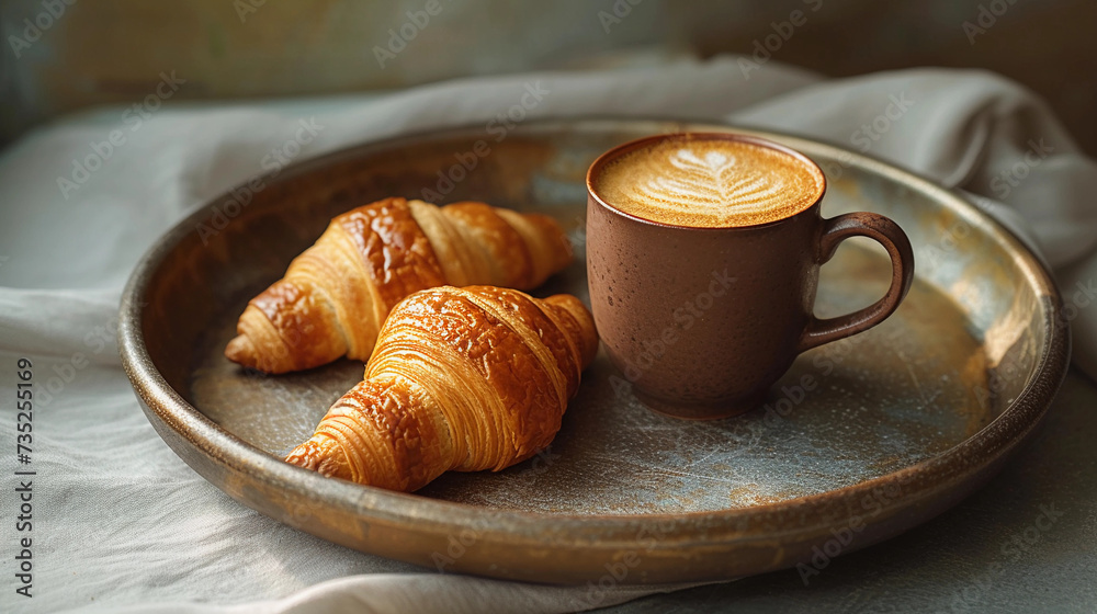 Morning coffee with a croissant on a tray Morning coffee with a croissant on a tray
