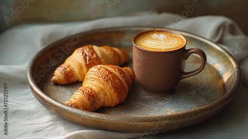 Morning coffee with a croissant on a tray