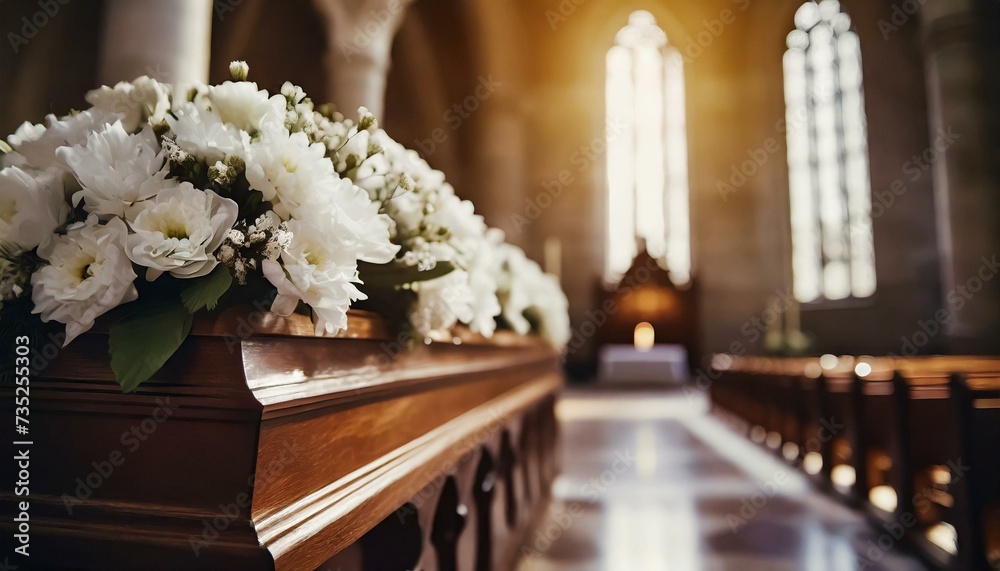 a Funeral ceremony, Coffin in the church with white flowers a Funeral ceremony, Coffin in the church with white flowers