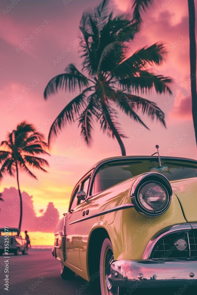Pastel Dream: Soft Pastel Photo of Vintage Yellow Car Against Palm Trees and Sunset
