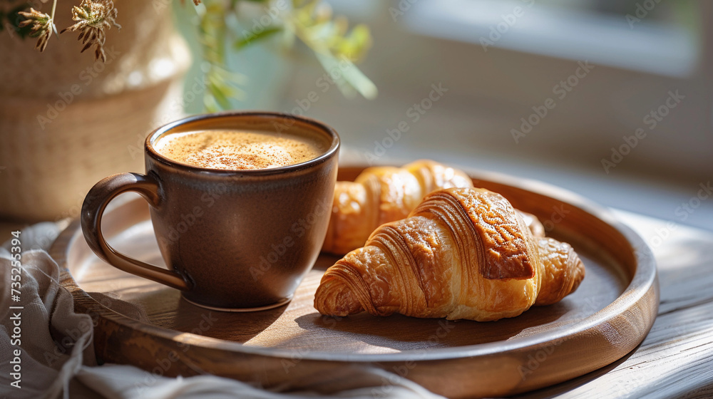 Morning coffee with a croissant on a tray Morning coffee with a croissant on a tray