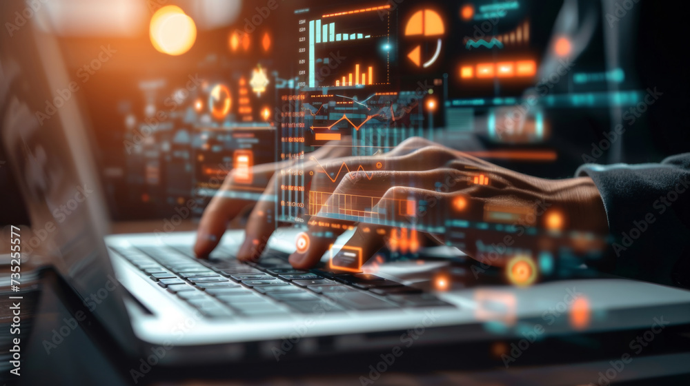 person's hands are seen typing on a laptop keyboard, with futuristic digital graphics of charts, graphs, and data analytics floating above the computer screen. person's hands are seen typing on a laptop keyboard, with futuristic digital graphics of charts, graphs, and data analytics floating above the computer screen.