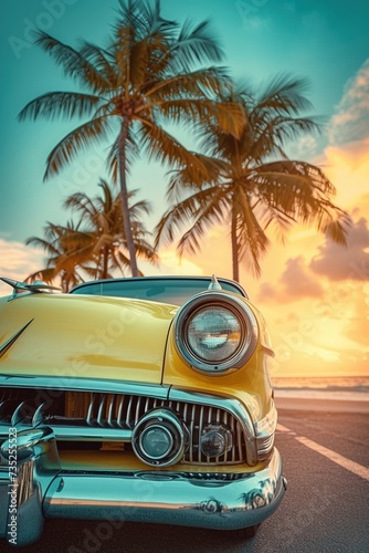 Sunset Serenity: Low Angle Shot of Pastel Yellow Vintage Car with Palm Trees in Pastel Sunset © Martin