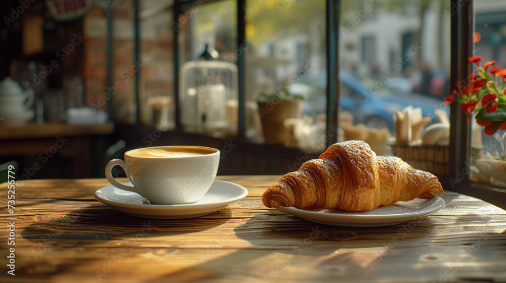Morning coffee with a croissant on a tray Morning coffee with a croissant on a tray