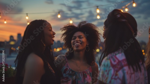 A group of women stand on a street  their faces glowing with genuine smiles as they laugh and bask in the warm hues of the sunset sky  their clothing a colorful display of their vibrant personalities