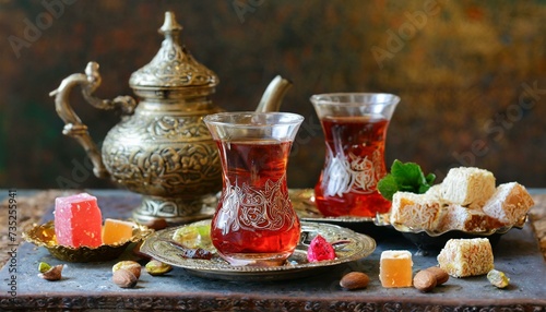 Turkish Delight Traditional glasses of Turkish tea with mint leaf and rahat lokum  photo