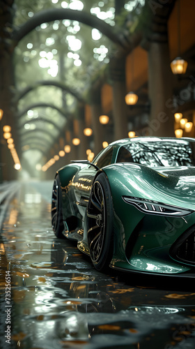 a green sleek and futuristic concept car in dynamic movement  © Lin_Studio