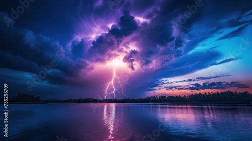 view of purple clouds with thunderstorm over the lake
