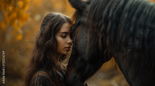 A romantic scene. Beautiful woman with black horse. © Anna