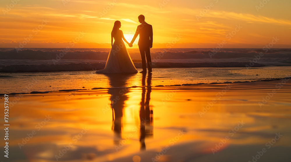 romantic sunset scene with a newlywed couple silhouetted against a vibrant orange sky