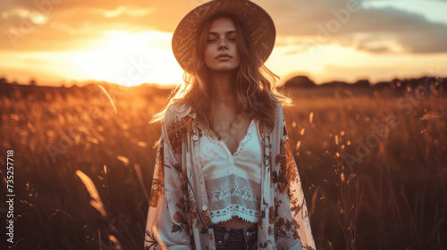 A bohemian dream with a flowy kimono layered over a lacetrimmed camisole and distressed jeans finished with a widebrimmed hat and ankle boots. The sunset in the background photo