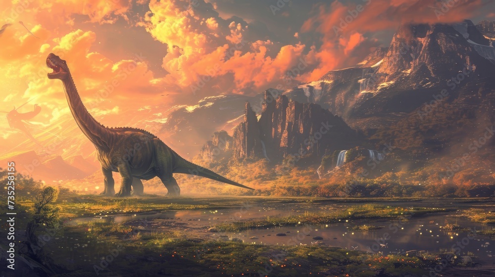 a dinosaur with mountain evening landscape