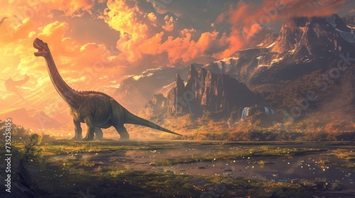 a dinosaur with mountain evening landscape photo